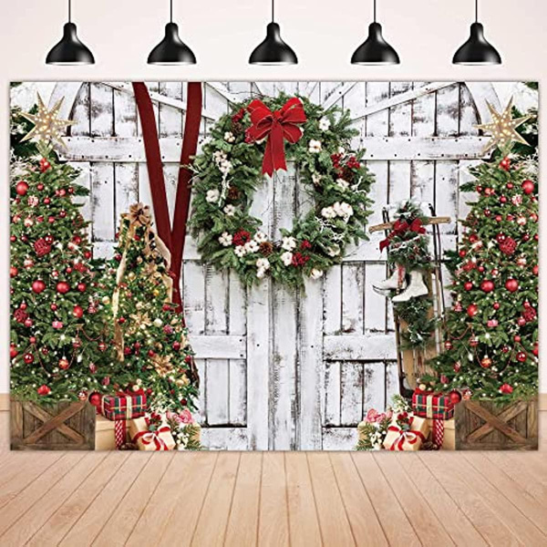 Rustic White Christmas Barn Door Backdrop for Photography Xmas Tree
