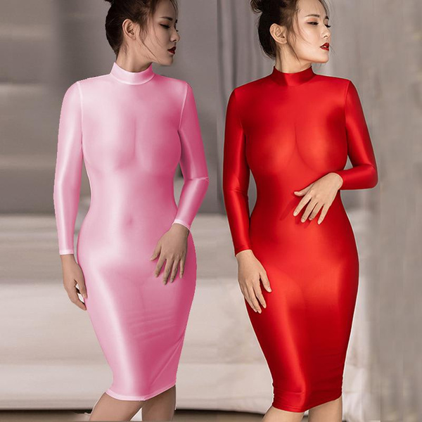 Summer Sexy Dress Women Bodycon Dress Glossy Sheer See Through Shiny Silk  Smooth Tight Long Sleeves Party Dress Plus Size Dresses