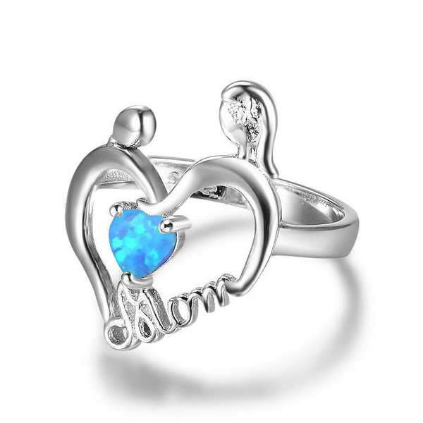 Mohrm Rind 925 Sterling Silver Love MOM Ring Heart Shaped MOM Opal Engagement ...