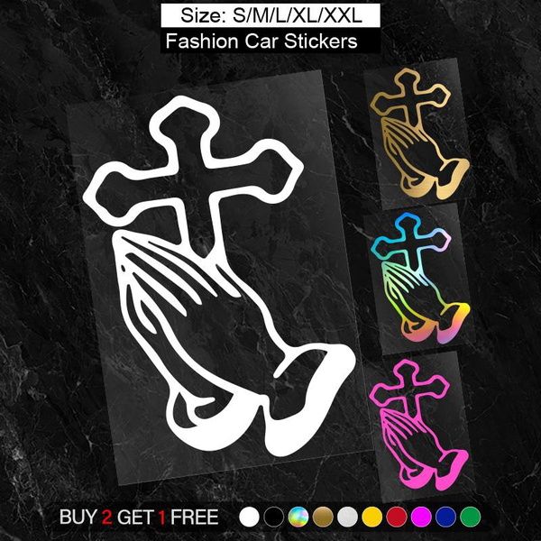BUY 2 GET 1 FREE, Praying Hands Reflective Auto Stickers The Crucifix