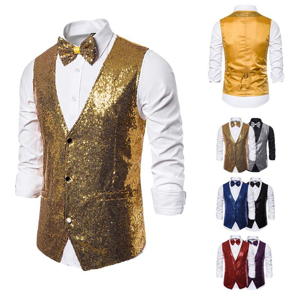 Mens Sequin Vest Button Vest Glitter Waistcoat Business Dance Party ...