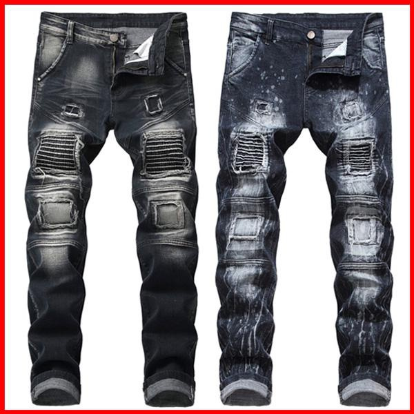 New Fashion Jeans Men's Straight Denim Pants Pleated Stretch Hip Hop ...