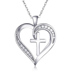 Sterling, Heart, DIAMOND, Cross necklace