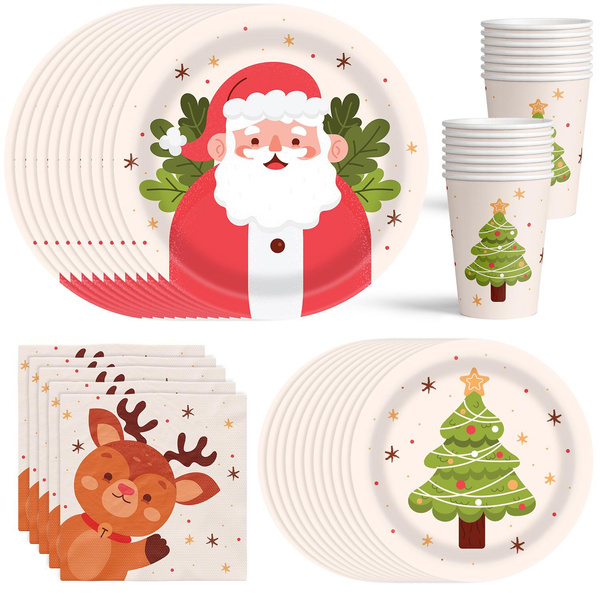 Christmas Party Supplies Paper Dinnerware Sets Serves 16 Guests - Disposable  Paper Plates For Dinner & Dessert, Reindeer Napkins, Paper Christmas Tree  Cups