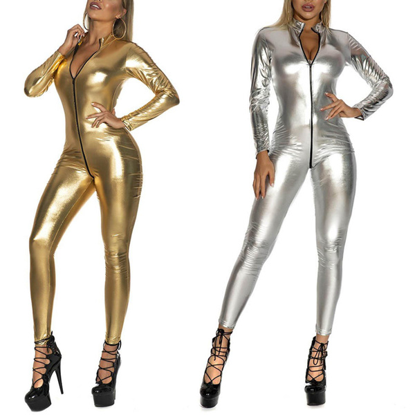 Women One Piece Faux Leather Double Zipper Leotard Bodysuit Full Length Catsuit Jumpsuit Wish 1258