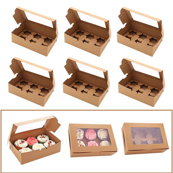 6 Sets Cupcake Boxes with Inserts and Window Kraft Paper Holder 6 Count