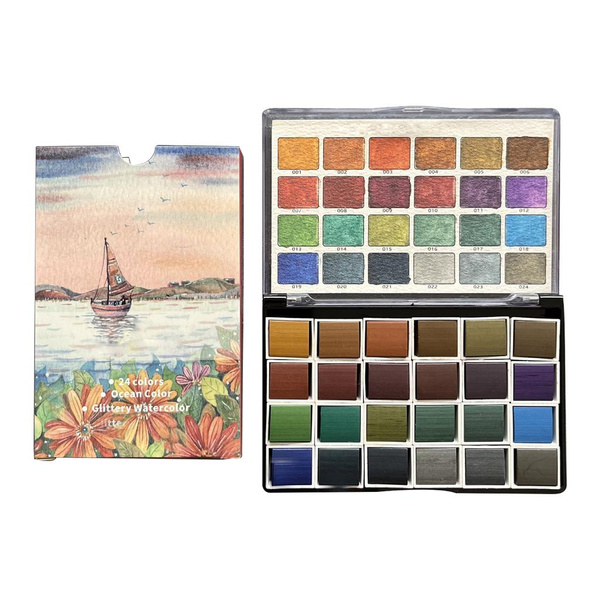 24 Color Glitter Watercolor Paints Set Pearlescent Color Beginner Art