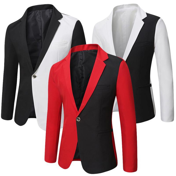 New Men's Splice Color Contrast Long Sleeve Suit Youth Business Leisure ...