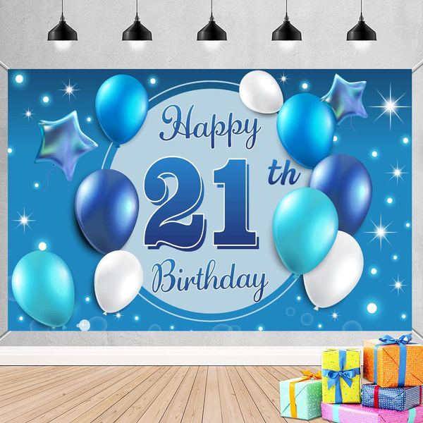 Blue 21th Birthday Backdrop Banner Happy 21th Birthday Party ...