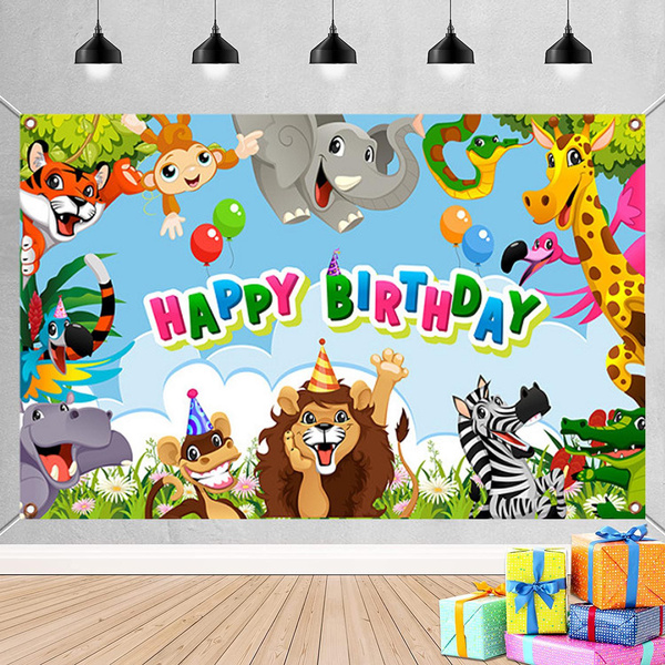 Jungle Safari Animals Theme Happy Birthday Banner Animal Birthday Party ...