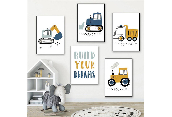 Tapeçaria de Escavadeira de Construção de Desenho, Trator Trucks  Escavadeira Crane Print Wall Hangings para Crianças Meninos Meninas  Transportes Tapeçaria de Bebê/Penduradores para Cama Grande 140 cm x 203 cm