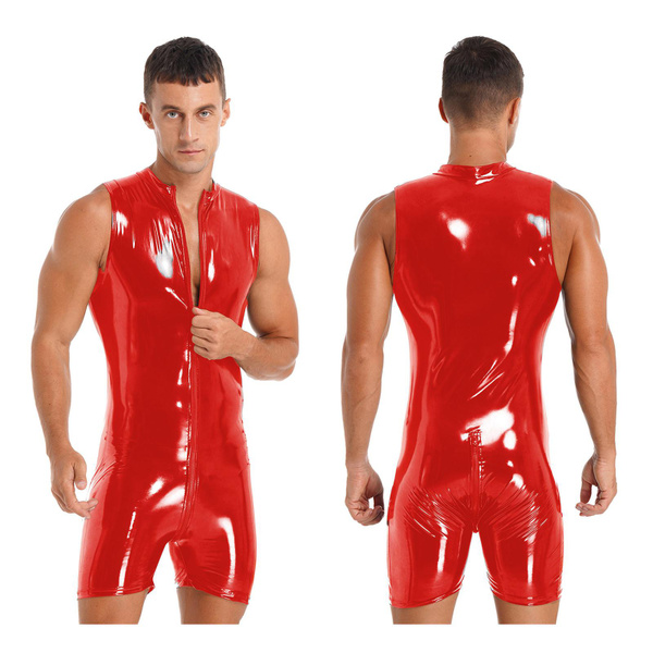 Men's Faux Leather One Piece Wetlook Bodysuit Sleeveless Zipper Front ...