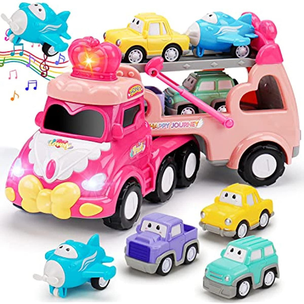 5 in 1 Transport Toy Trucks for Toddlers 13 with Lights Music Pink