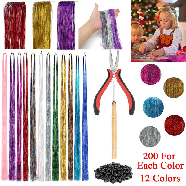 12 Colors 2400 Strands Hair Tinsel Extensions Holographic Glitter Bling
