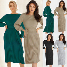 Fashion, womendresses2023, knittedmididres, Long Sleeve
