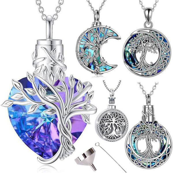 5 Types Cremation Jewelry Tree Of Life Urn Necklace For Ashes With Crystal Memory Keepsake