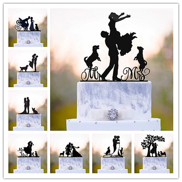 Mr and Mrs Wedding Cake Topper,Bride and Groom with Dog Silhouette Cake ...