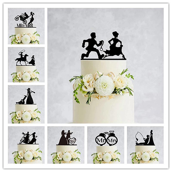 Mixed Funny Wedding Cake Topper, Color Acrylic Motocycle Fishing Silhouette  Cake Topper,Bride and Groom Wedding Cake Topper