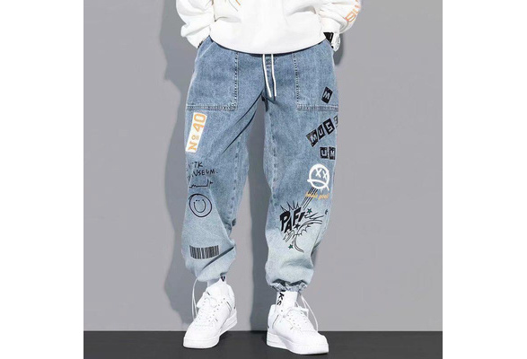 Autumn New Letter Printing Jeans Men's Fashion Loose Cartoon