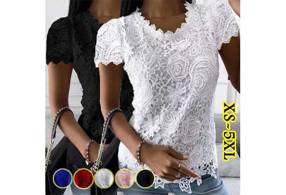 Plus Size Fashion Women's Clothing Short Sleeved Tops Solid Color Lace  Hollow-Out Shirts Soft and Comfortable Slim Fit Casual Pullover Blouse  Ladies Fashion Clothes XS-5XL