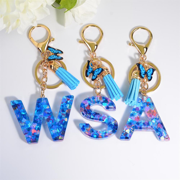 Fashion Resin Letter Keychain With Blue Butterfly Pendant Heart Sequin ...