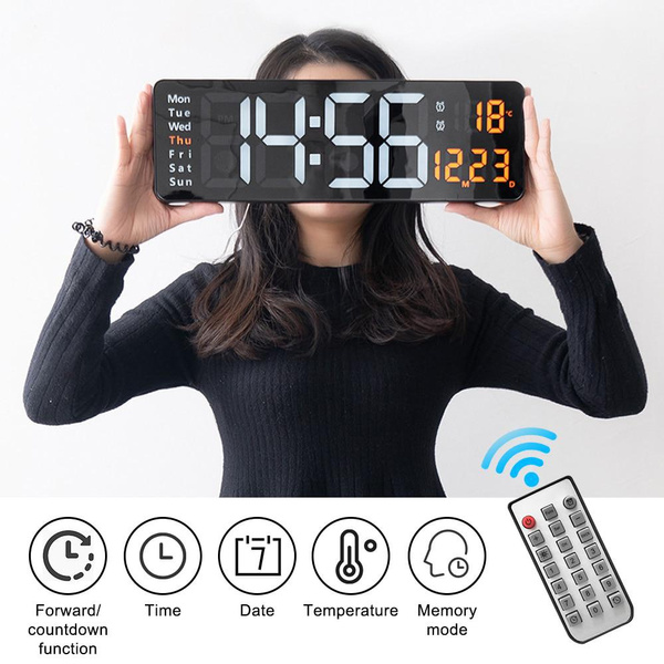 Wallmounted Digital Wall Clock Remote Control Temp Date Week Display