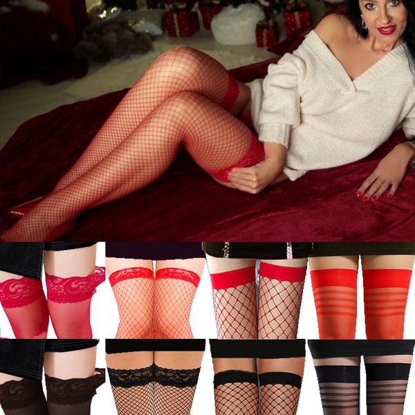 Women Red Stockings High Fishnet Tights Lingerie Pantyhose Floral Print  Long Mesh Lace Stocking bridal Wedding Accessories 4 Styles