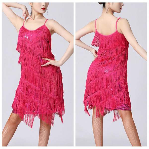 Ladeis Evening Party Dress Shiny Sequin Fringe Tassel Strap Samba Rumba ...