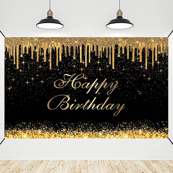 Happy Birthday Backdrop Banner Black Gold Glitter Birthday Photography