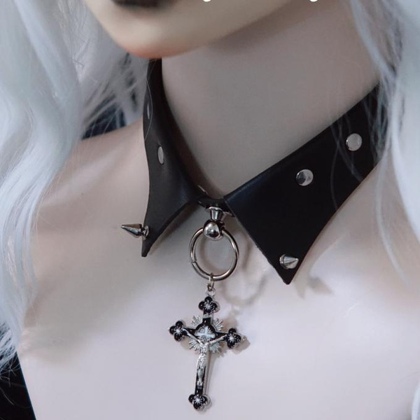 Black Choker Necklace, Cross Necklace, Cheap Gift for Her, Under