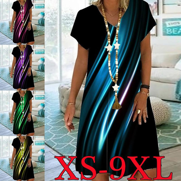 Women Casual Summer Print Short Sleeve Dress V-Neck Loose Beach Short ...