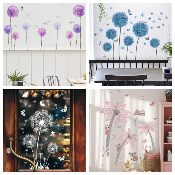 White Dandelion Butterfly Wallpaper Glass Door Electrostatic