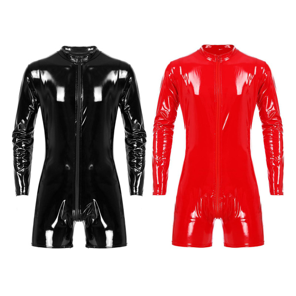 Mens Latex Bodysuit Zipper Crotch Leotard Long Sleeves Unitard Faux Leather Bodysuit Wish