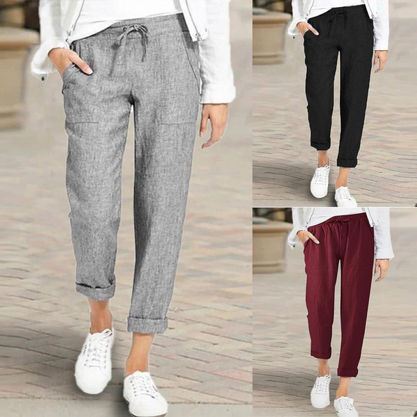 Women's Casual Pants Drawstring Soft Short Elastic Waist Pockets Solid  Color Straight Nine-quarter Pants Trousers Plus Size