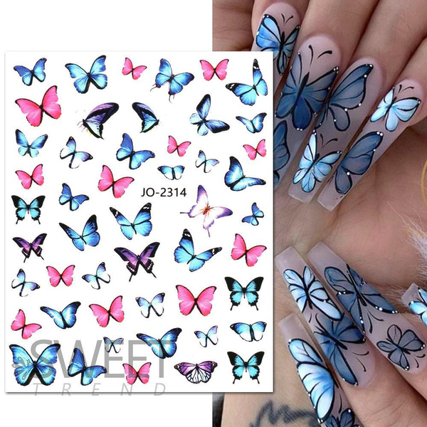 3D Colorful Butterfly Nail Art Stickers Big Blue Butterfly Nail Decals ...