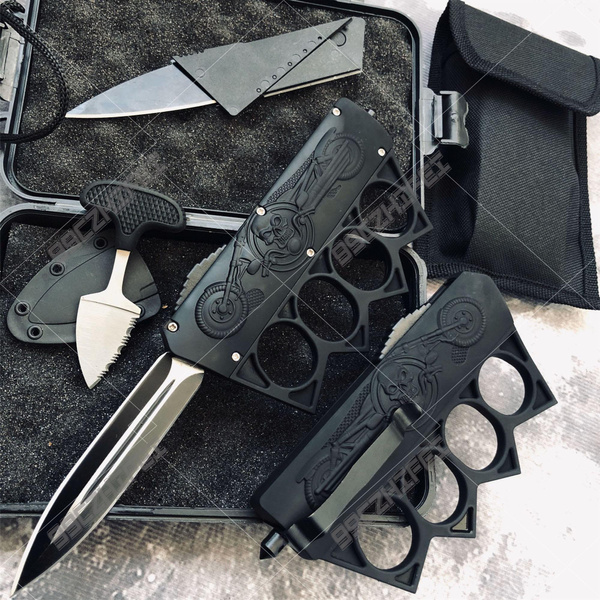 9" Tactical Brass Knuckle Style OTF Knife Set Spring Assisted Knives