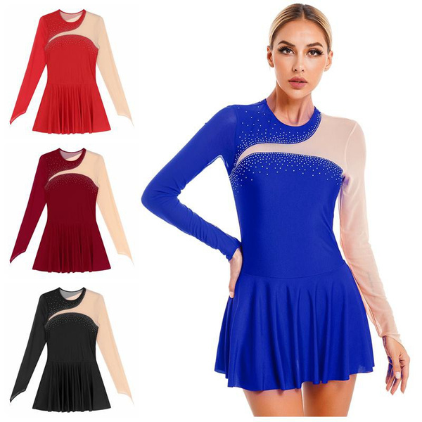 Womens Performance Dress Girl Mesh Patchwork Figure Ice Skating Dress
