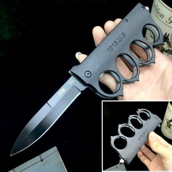 Black 1918 Brass Knuckle Knife Combat Daggers Spring Assisted Open