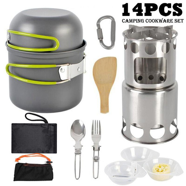 14PCS/Set Camping Cookware Set,Portable Ignition Stove Burner Pot