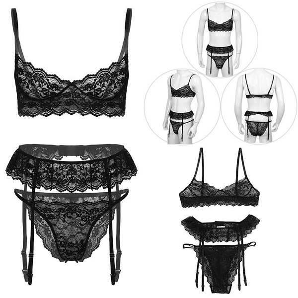 Men See Through Floral Lace Lingerie Set Sissy Underwear Nightwear Unlined Bra With Thongs 4910