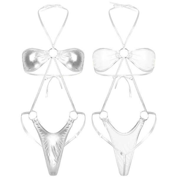 Women Shiny Metallic Sling Shot Trikini Swimsuit Halter Neck Laceup