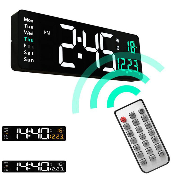Wallmounted Digital Wall Clock Remote Control Temp Date Week Display