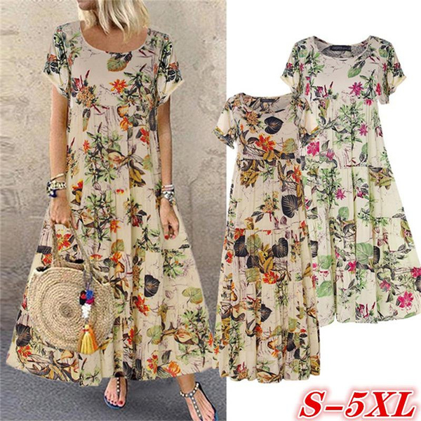 Ladies Floral Printed Maxi Dress Long Cotton Dresses Summer Floral