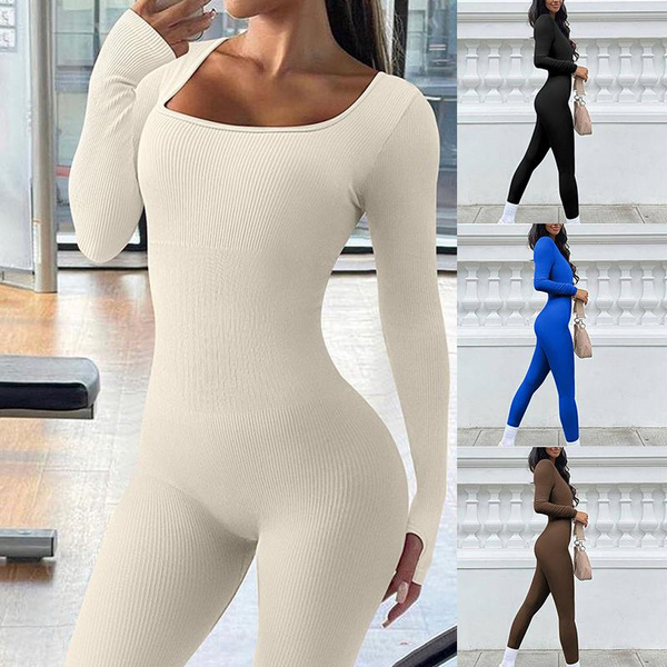 Women's Yoga Jumpsuit Square Neck Long Sleeve Bodycon Sport Jumpsuits