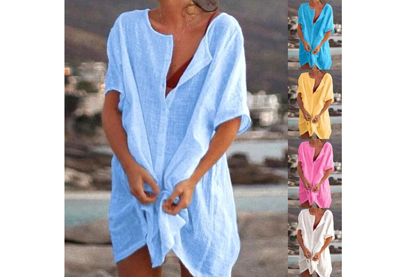 XS-8XL Plus Size Fashion Dresses Spring Summer Clothes Women's Casual Short  Sleeve Blouses Loose Deep V-neck Dress Beach Wear Party Dress Ladies Casual  Solid Color Swimsuit Cover-up Linen Beach Dress