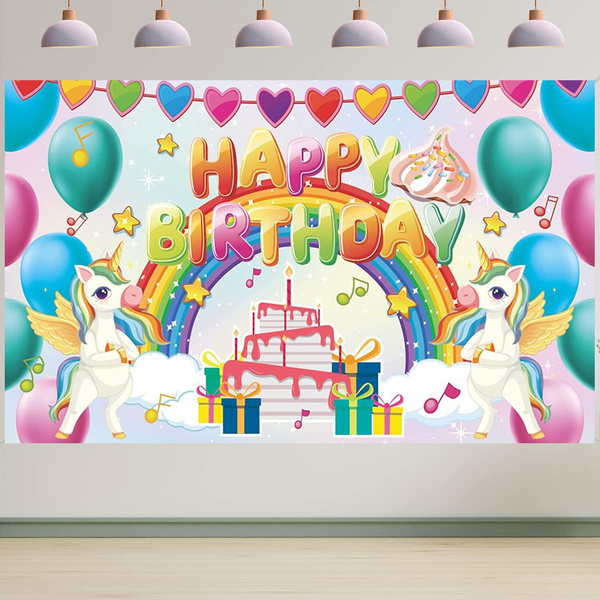 Cute Unicorn Birthday Backdrop Cartoon Rainbow Unicorn Happy Birthday ...