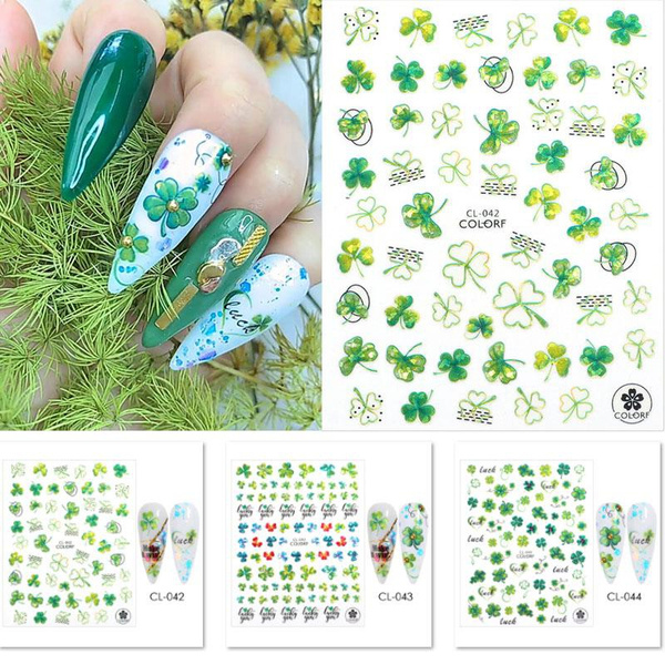 Nail Stickers Lucky Green Clover Ginkgo Leaf Shamrock Flowers Nail Art ...