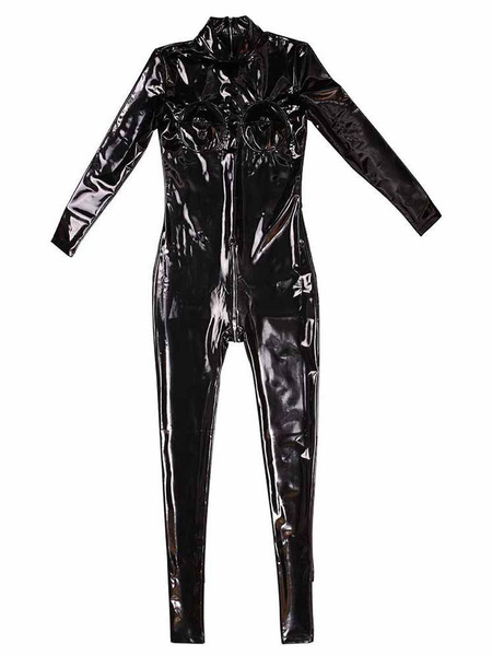 Wet Look Pvc Catsuit 3d Shaped Breast Sexy Cosplay Jumpsuit Double Zipper Open Crotch Bodysuit 9798