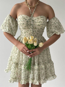 Dress, Flowers, Green, Women's Fashion