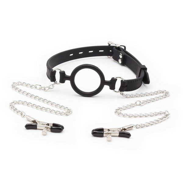 O Ring Gag With Nipple Clamps Open Mouth Ball Gag With Nipple Clamp